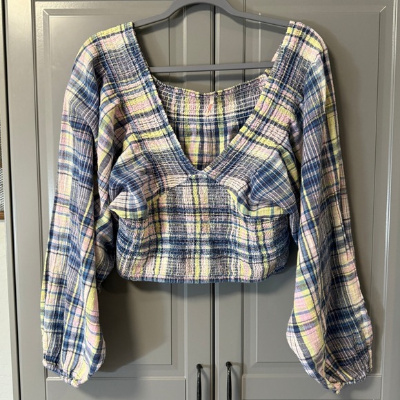 Free People Marlena Plaid‎ Balloon Long Sleeve Smocked Crop Top, Multi,M - Picture 2 of 13